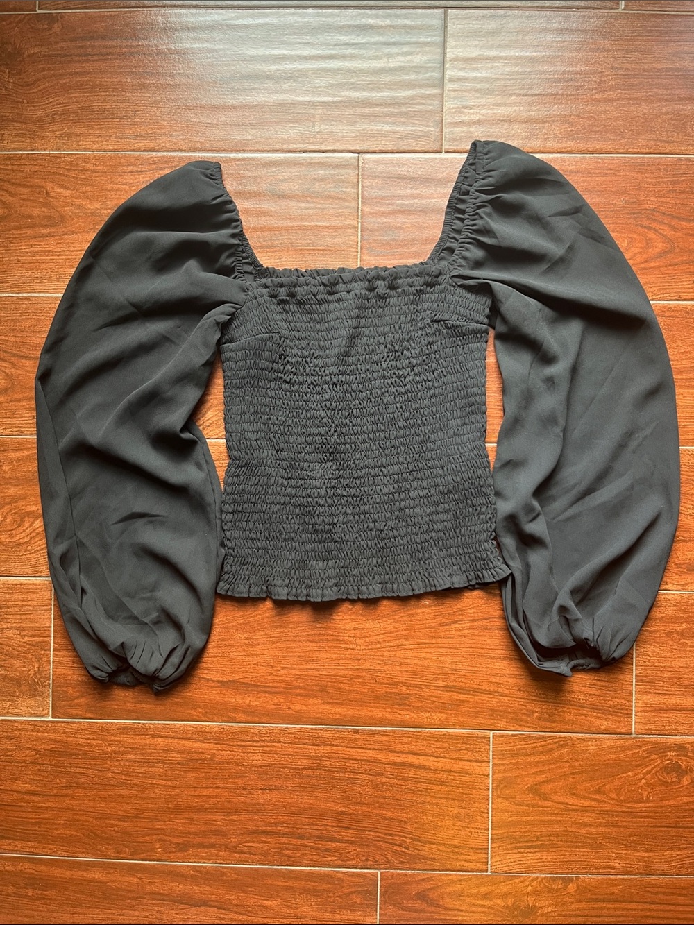 Abercrombie & Fitch Black Smocked Square-Neck Puff Sleeve Blouse